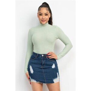 Mint Green - Fitted Mock Neck Long Sleeve Top For Women